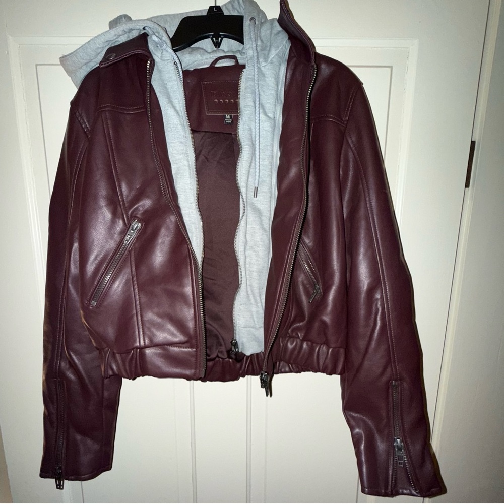 Blank NYC Maroon Leather Jacket with Light Gray Hoodie